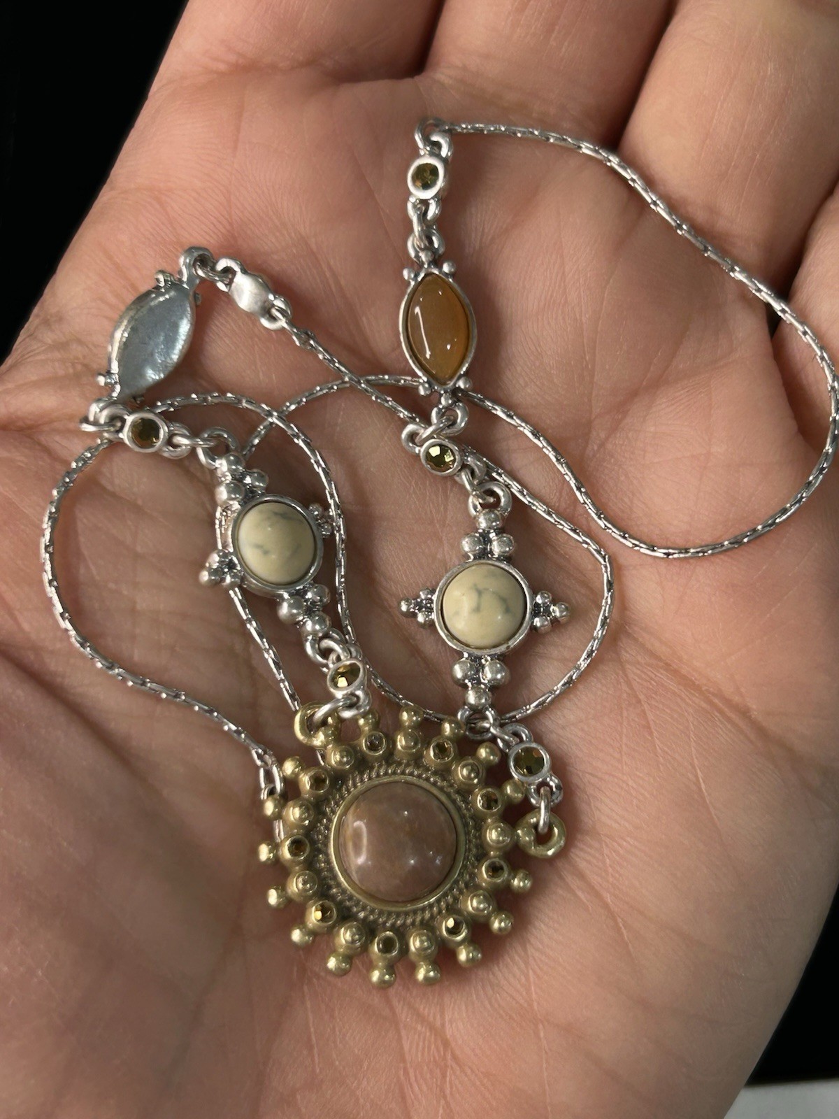 Vintage Necklace Round Mix Metal Stones 18” Double Claw Clasps
