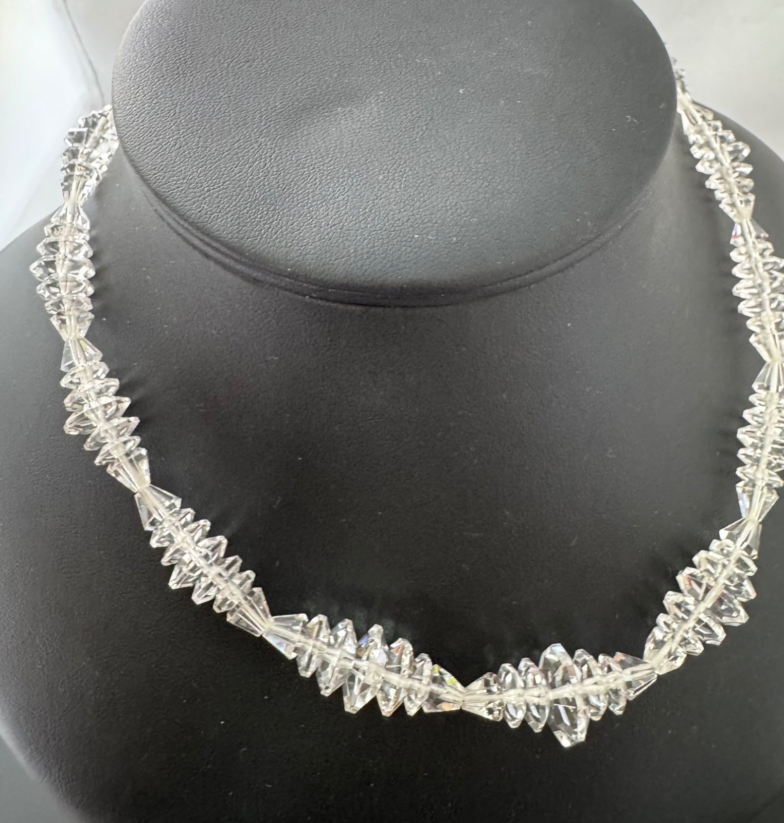 Art Deco Czech Cut Crystal Choker Necklace w 925 Fish Hook Clasp 16″