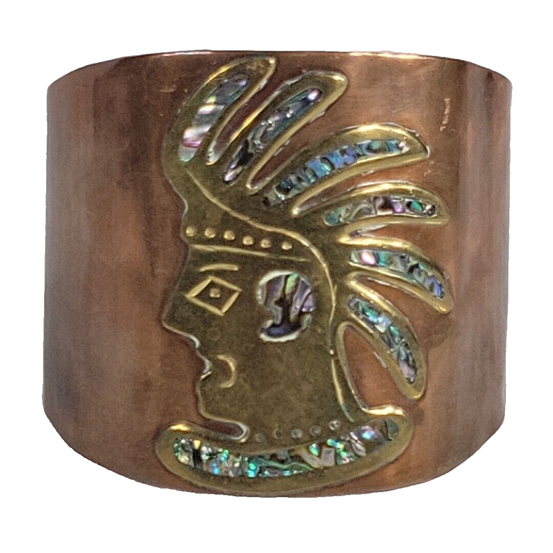 Vintage Copper Brass & Abalone Inlay Cuff Bracelet Boho Bohemian Folk Art Mexico