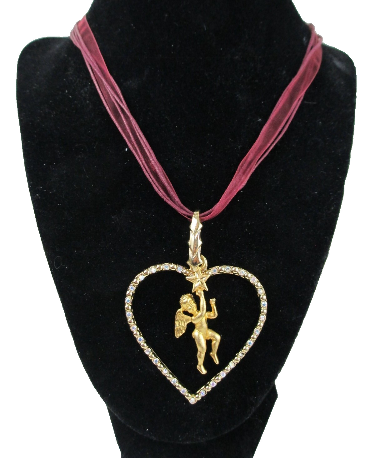 Vintage Gold Cherub Angel AB Rhinestone Heart Necklace LR 1996 Lady Remington