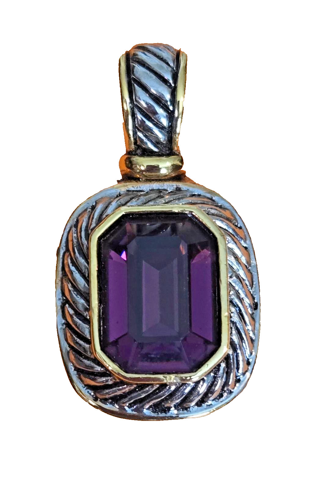 VTG. Silver/Gold-Tone HEAVY Textured Rope Design Amethyst-like Purple Pendant