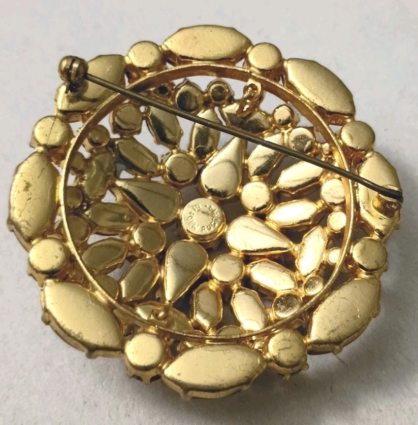Large Vintage Austria Topaz Clear Crystal Round Circle Domed Brooch Pin (nice)