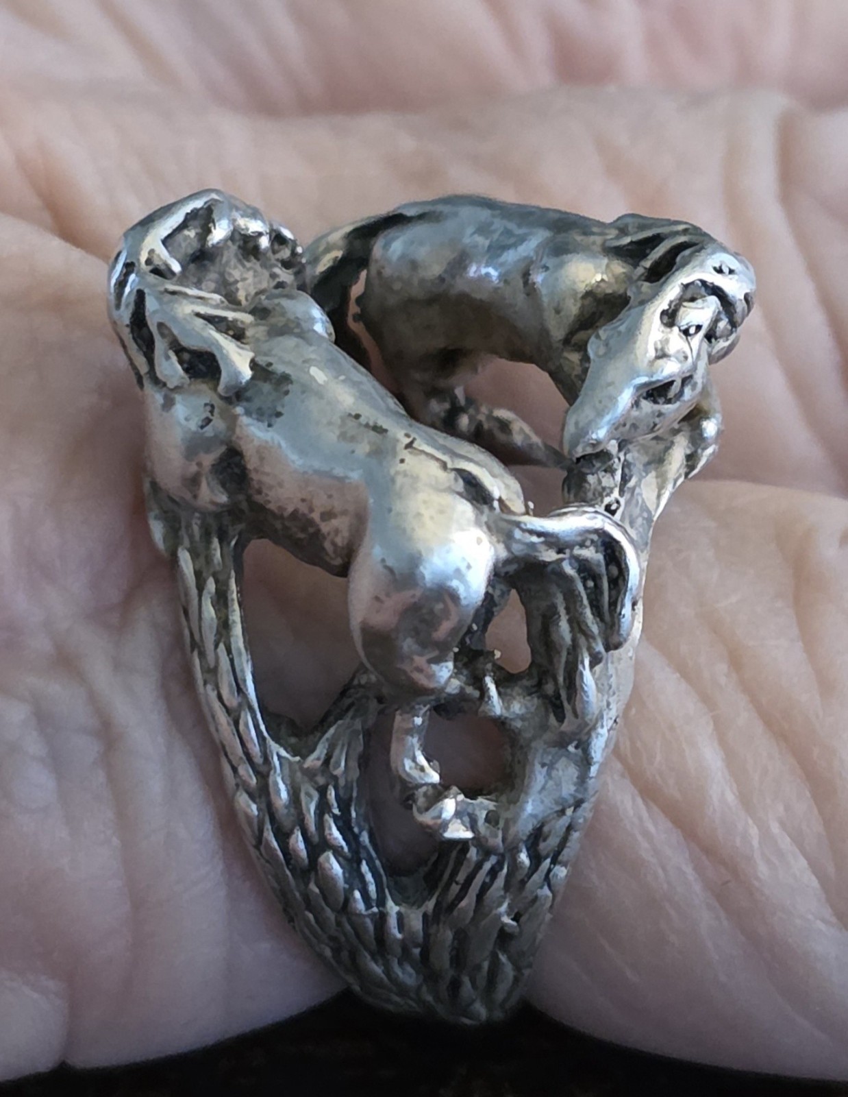Unique VTG Battling Horses Sterling Silver 925 Equestrian Brutalist Ring sz 10.5