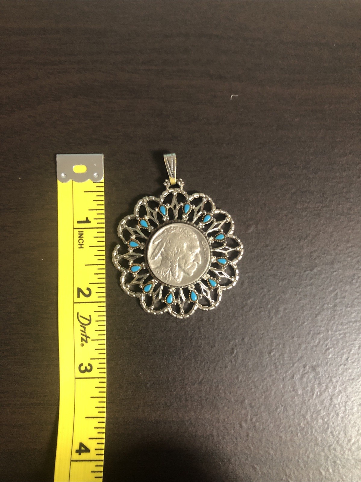 Vintage 1970s Buffalo Nickel Coin Pendent Faux Turquoise Silver Tone Necklace