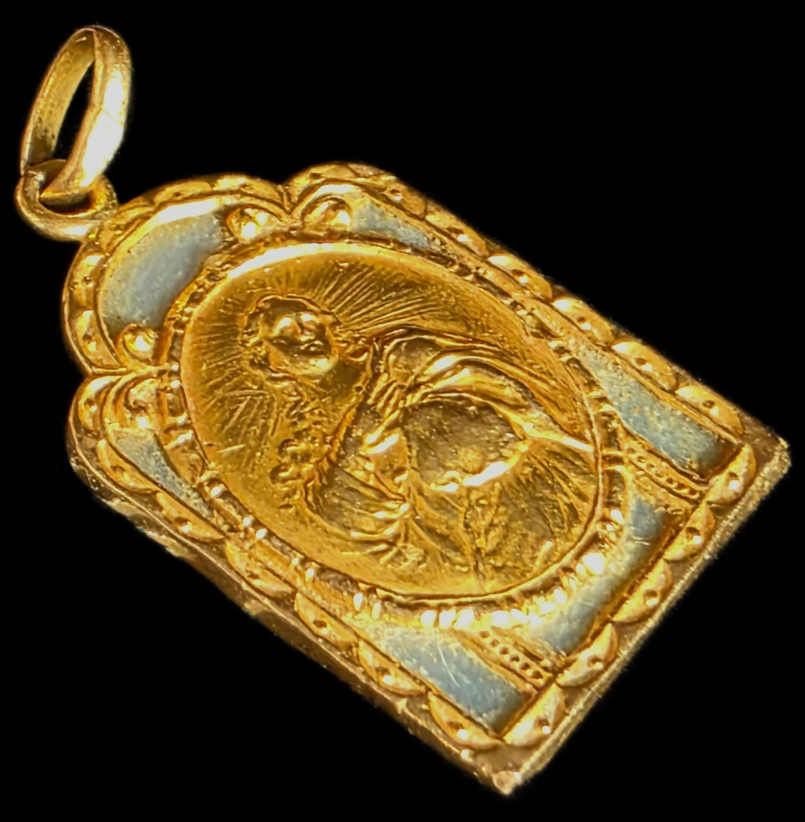 Antique Art Deco 18K Gold Virgin Mary Miraculous Medal Pendant European Catholic