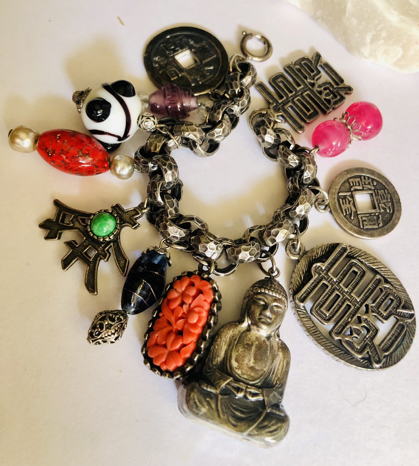 VTG Germany Bracelet, Asian Theme, Murano&plastic, Beautiful Silver Tone, Heavy.
