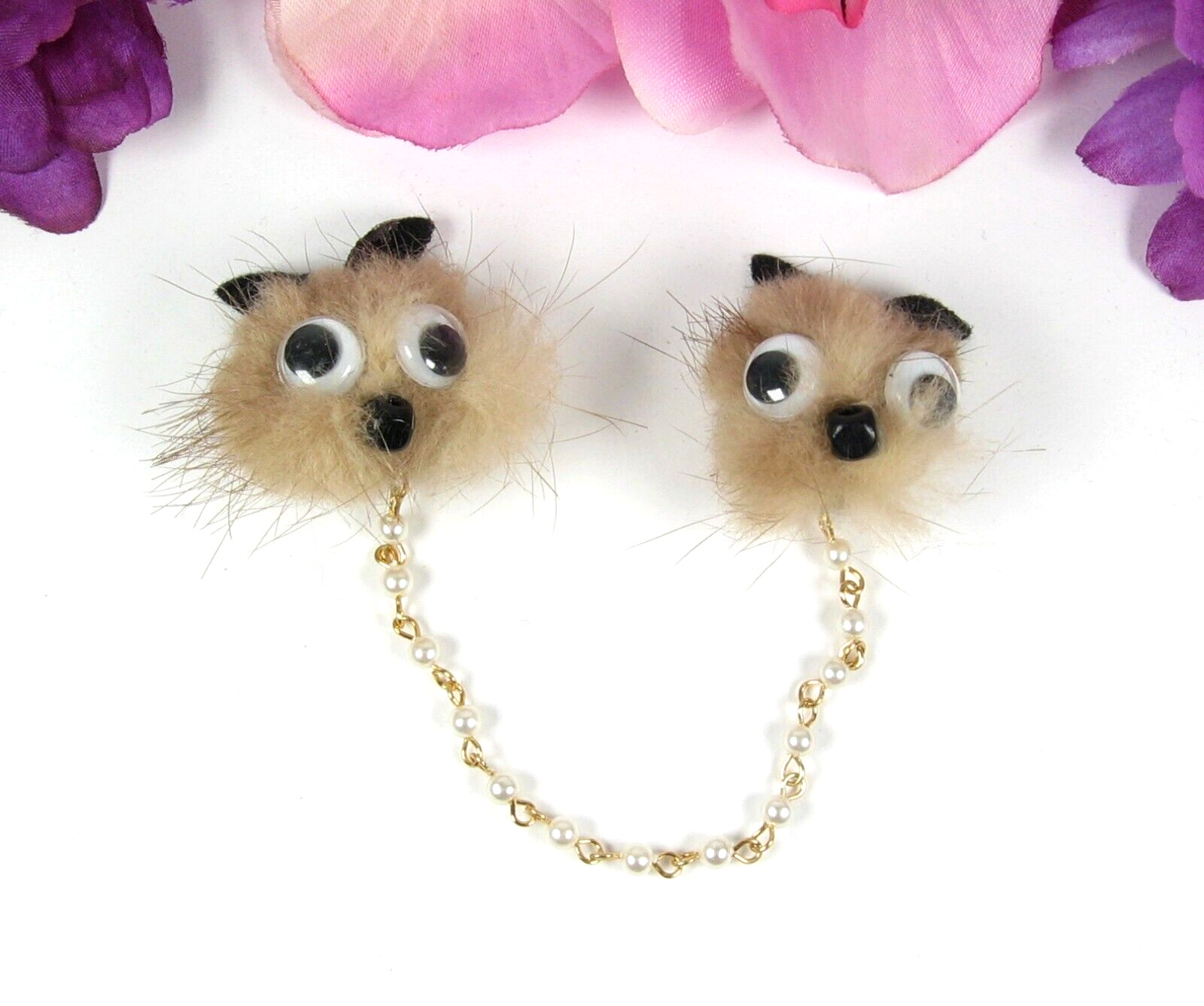 Vintage FUN Faux FUR FOX SWEATER GUARD Beads GOOGLY EYES Goldtone Clips