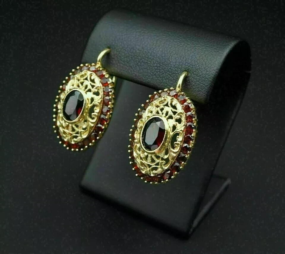 Vintage Style Oval Garnet Lab Created Diamond Wedding 14K Yellow Gold FN Earring