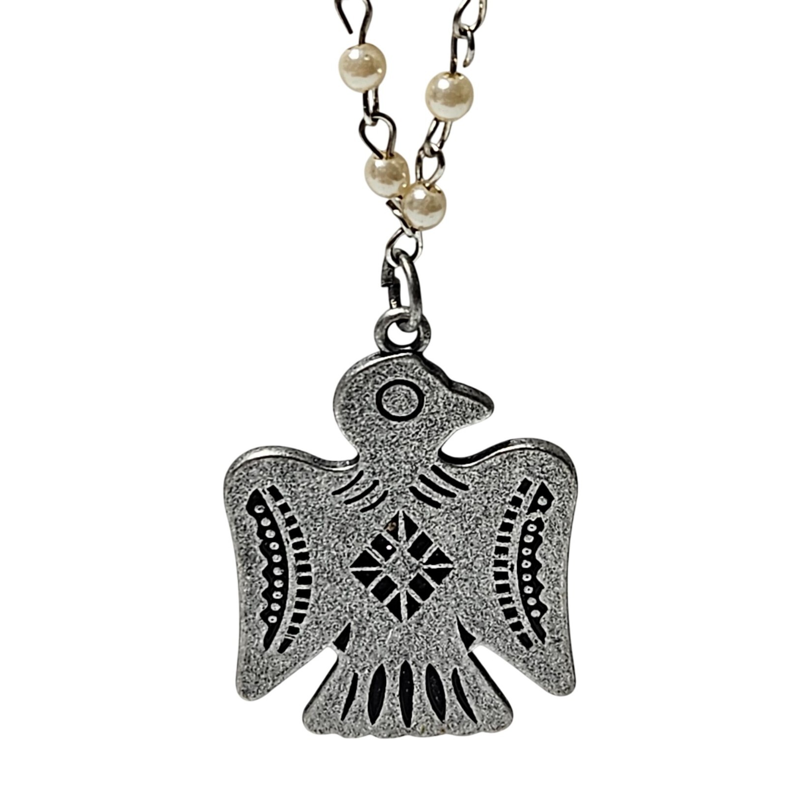 Vintage Silver Thunderbird Pendant Necklace Faux Pearl Beaded Chain Jewelry