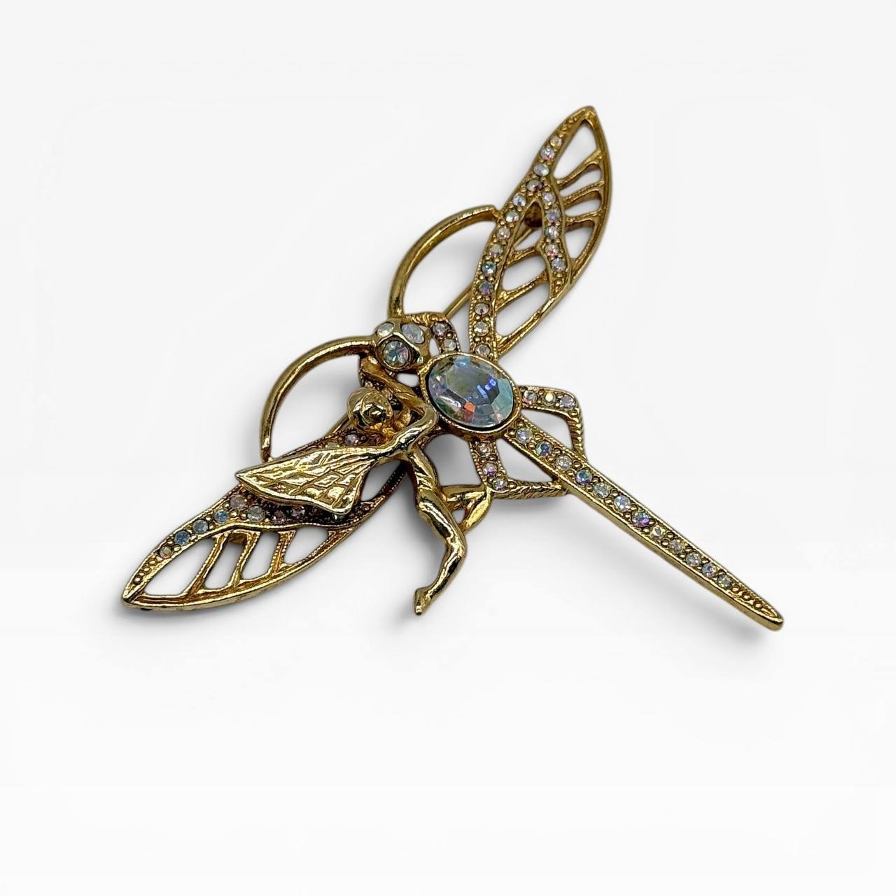 Vintage Kirks Folly Angel Dragonfly Crystal Brooch w/ Box