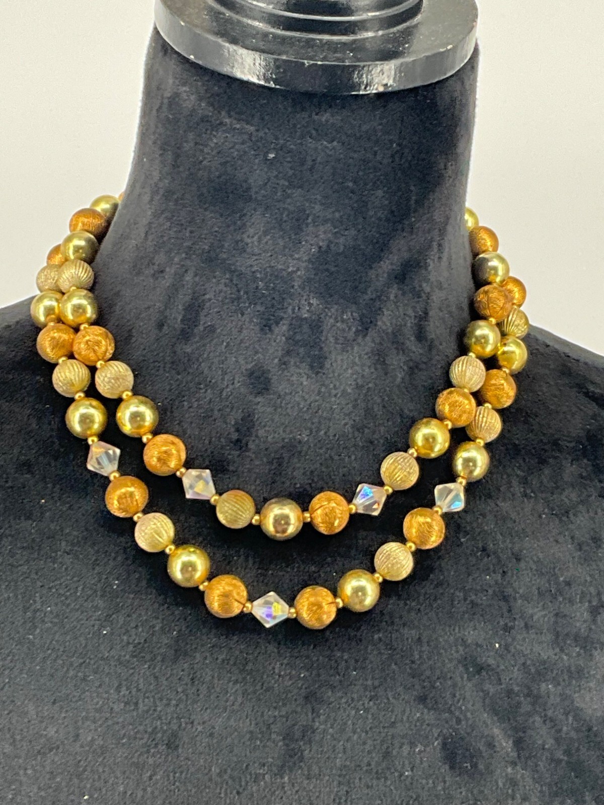 Vintage Lisner Gold-Tone Double Strand Necklace With Textured Beads & Faceted Ac