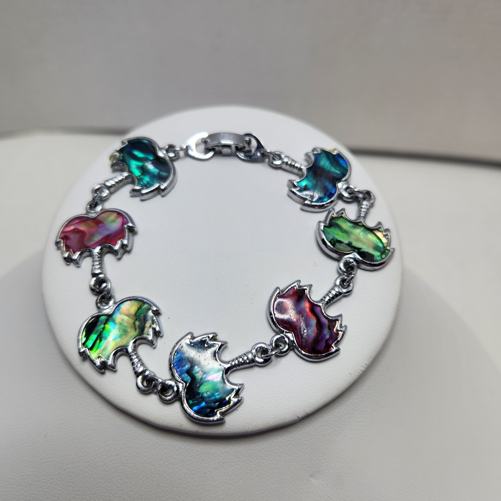 Abalone Paua Shell Bracelet Silvertone Metal Multi-color Beach Ocean Summer 7″