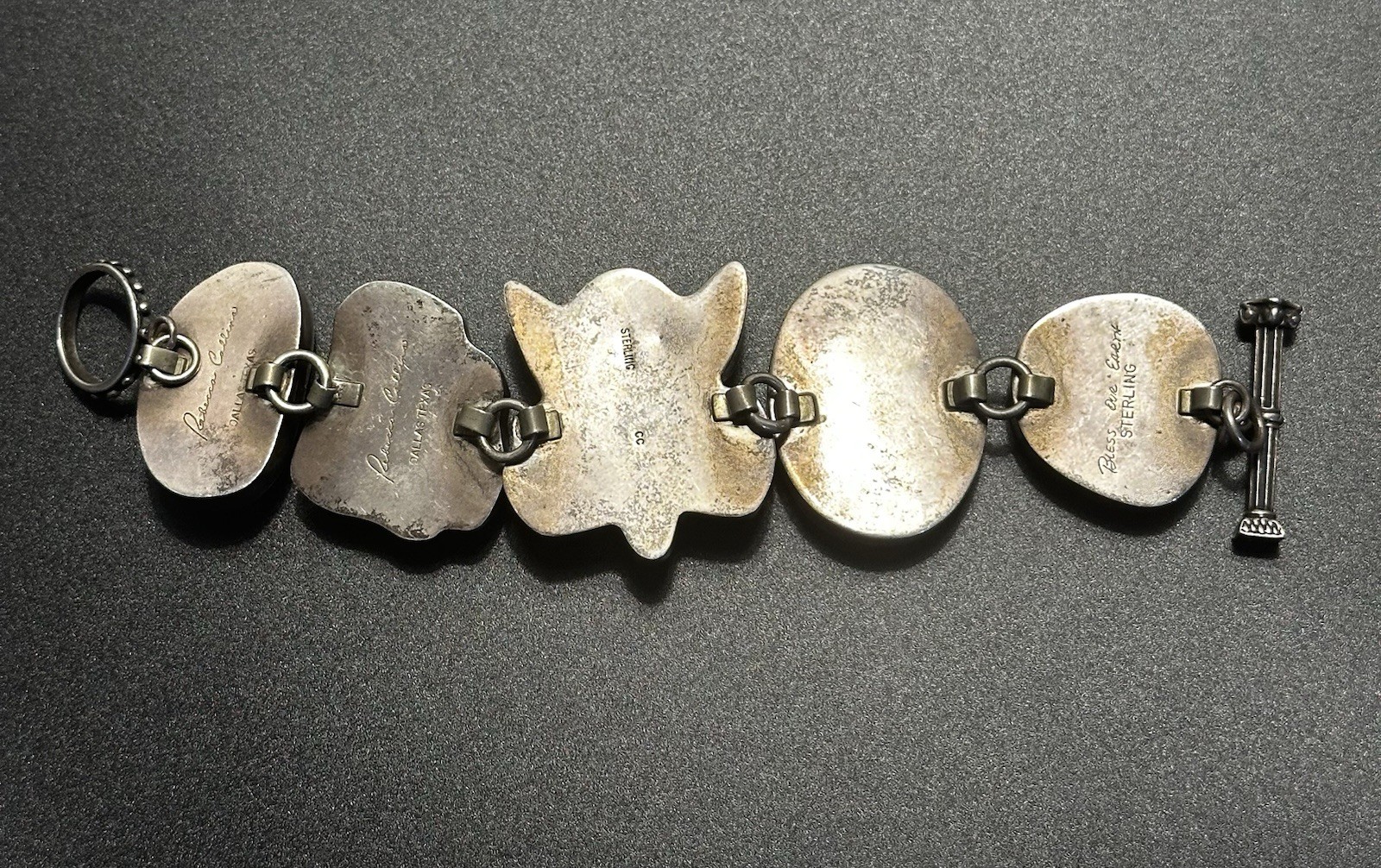 Rebecca Collins Sterling Silver Chunky Bracelet Large Stones, Pearl, Flower 8″