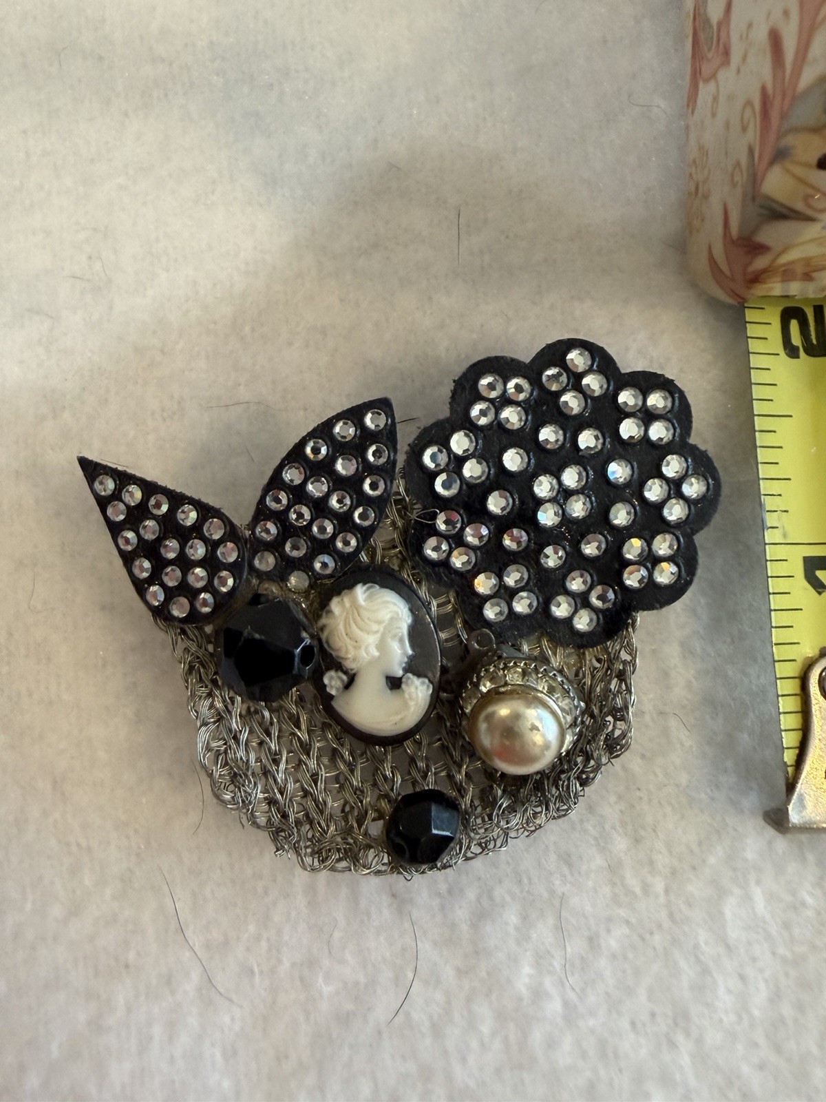Handmade Vintage Brooch Rhinestone Leather and Metal Paris