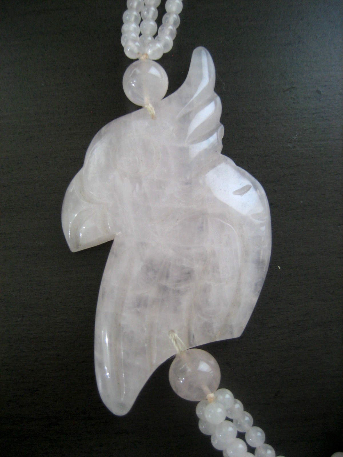 Vintage Rose Pink Quartz Parrot Hand Knotted Bead Pendant Necklace