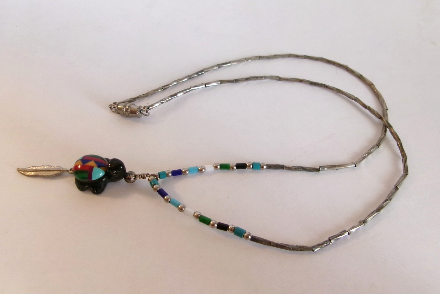 Inlay Turtle Pendant Necklace 18″ Liquid Silver & Bead Chain