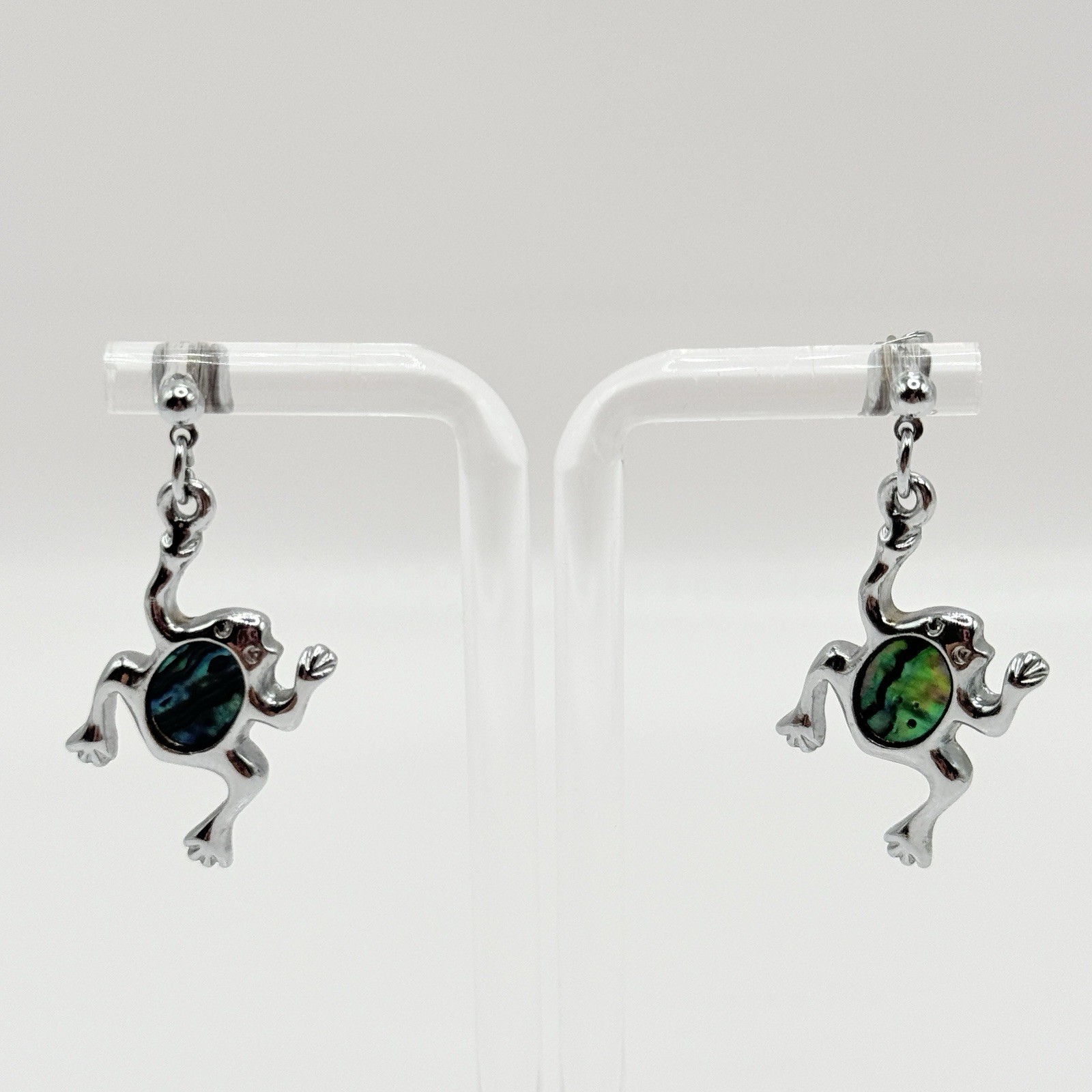 Cute Abalone Paua Shell Silver Tone Frog Animal 90s 1” Pierced Earrings