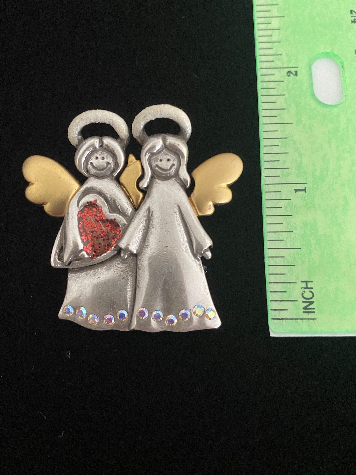 AJMC Vintage Pin Brooch Angels Antique Silver Tone with Gold Wings Red Heart