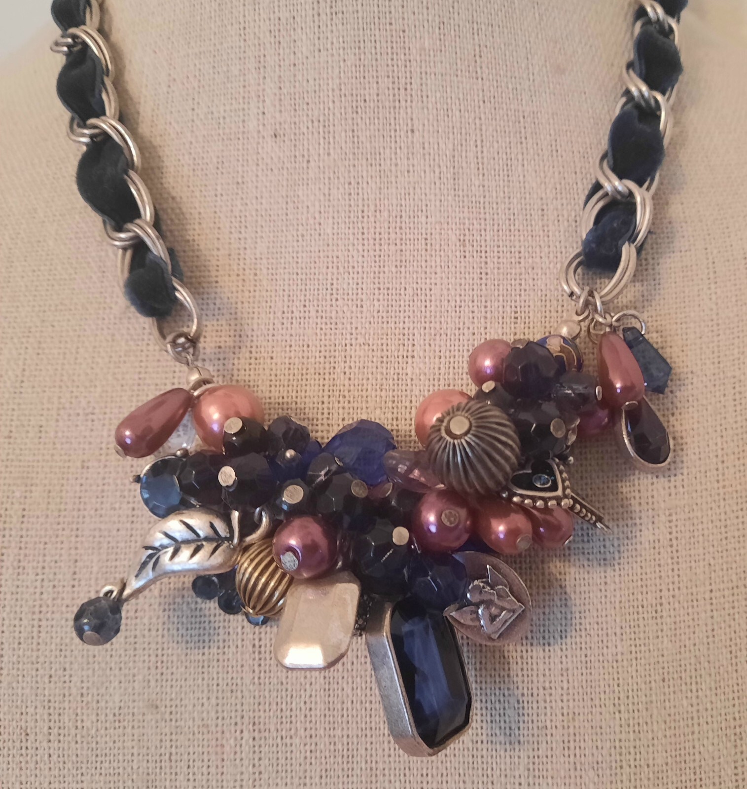 BLUE AND PURPLE RIBBON CHAIN CLUSTER CHARM NECKLACE*HEART*ANGEL*LOCKET*BEADS