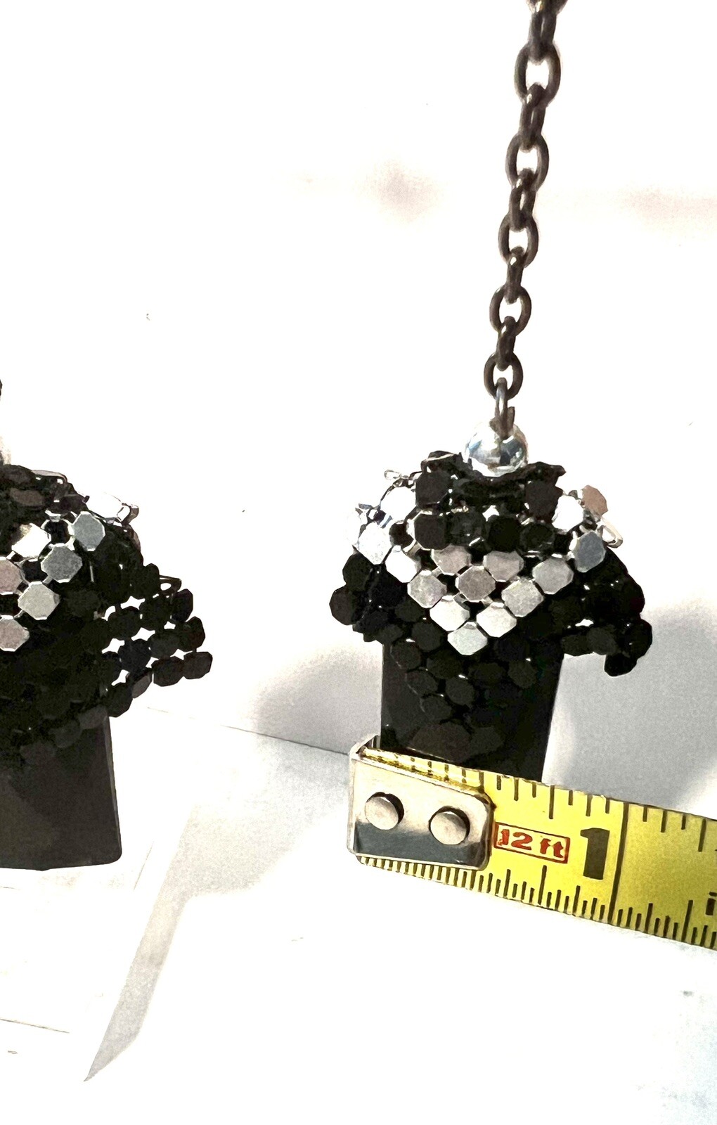Vintage Retro Dangle Black And Silver Tone Metal Chain And Crystal Hook Earrings