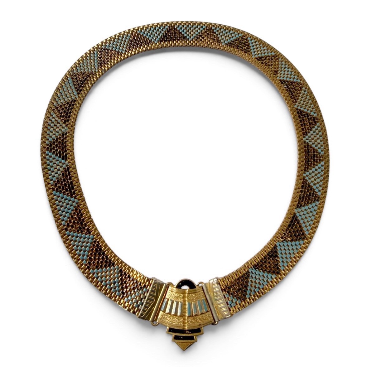 Antique Art Deco Egyptian Revival Enamel Geometric Mesh Collar Necklace 16”