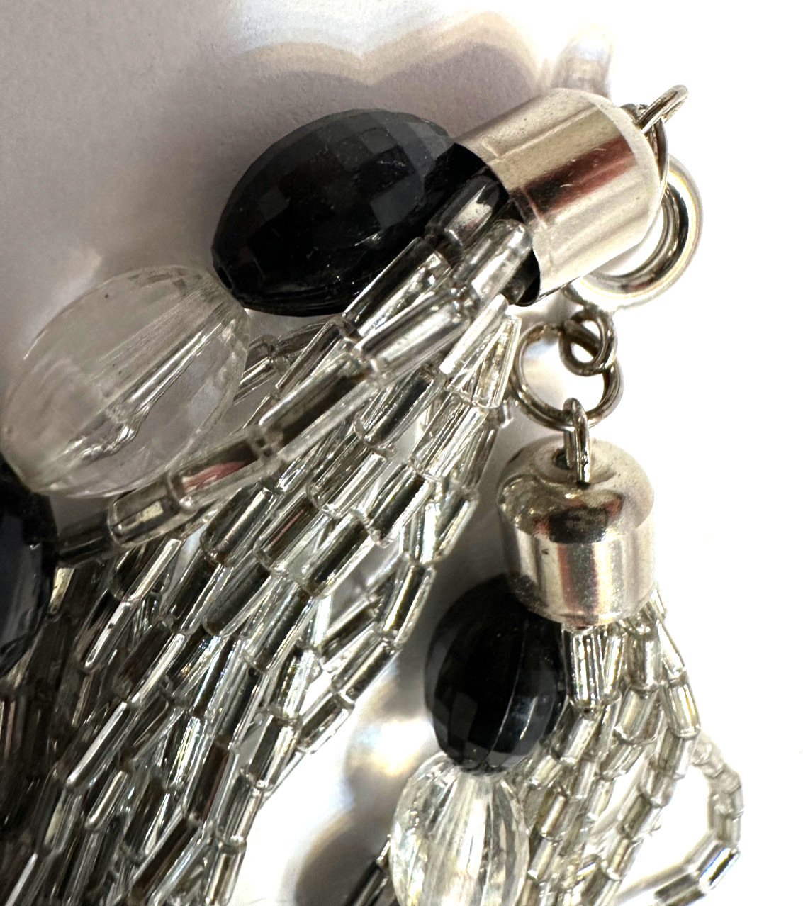 Vintage Black & Clear Beaded Necklace Multi Strand Silver Tone Seed Bugle Beads