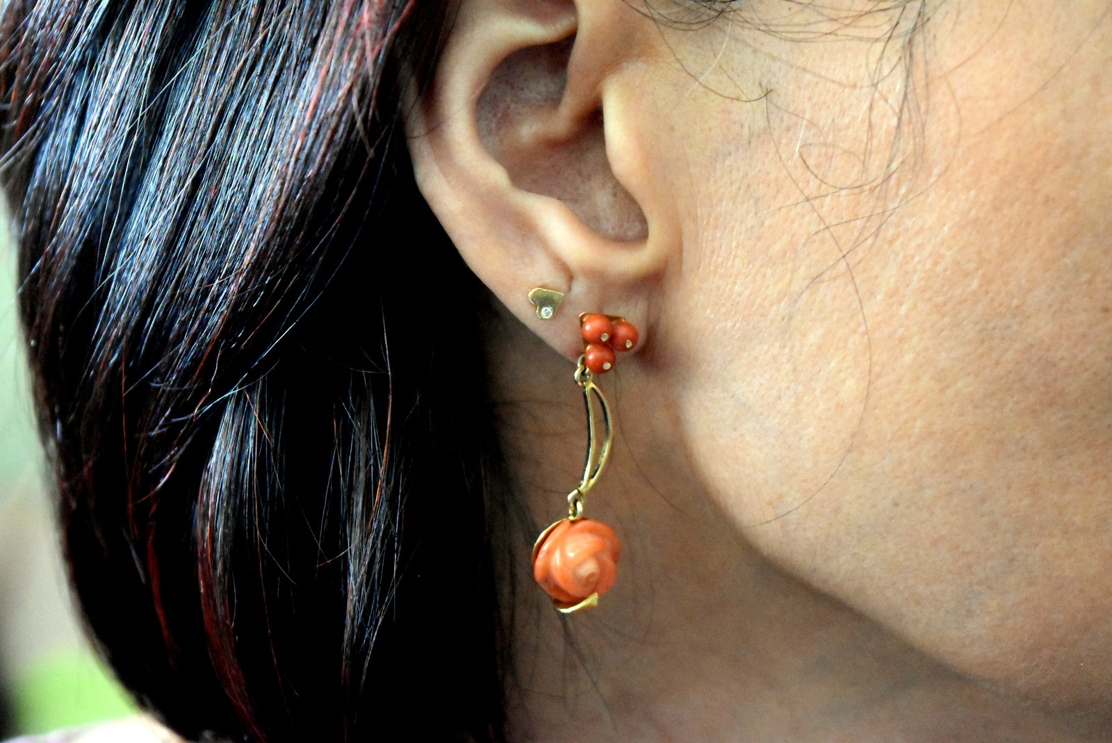 18K Solid Rose Gold and Natural Untreated Coral Necklace, Earrings & Ring Set