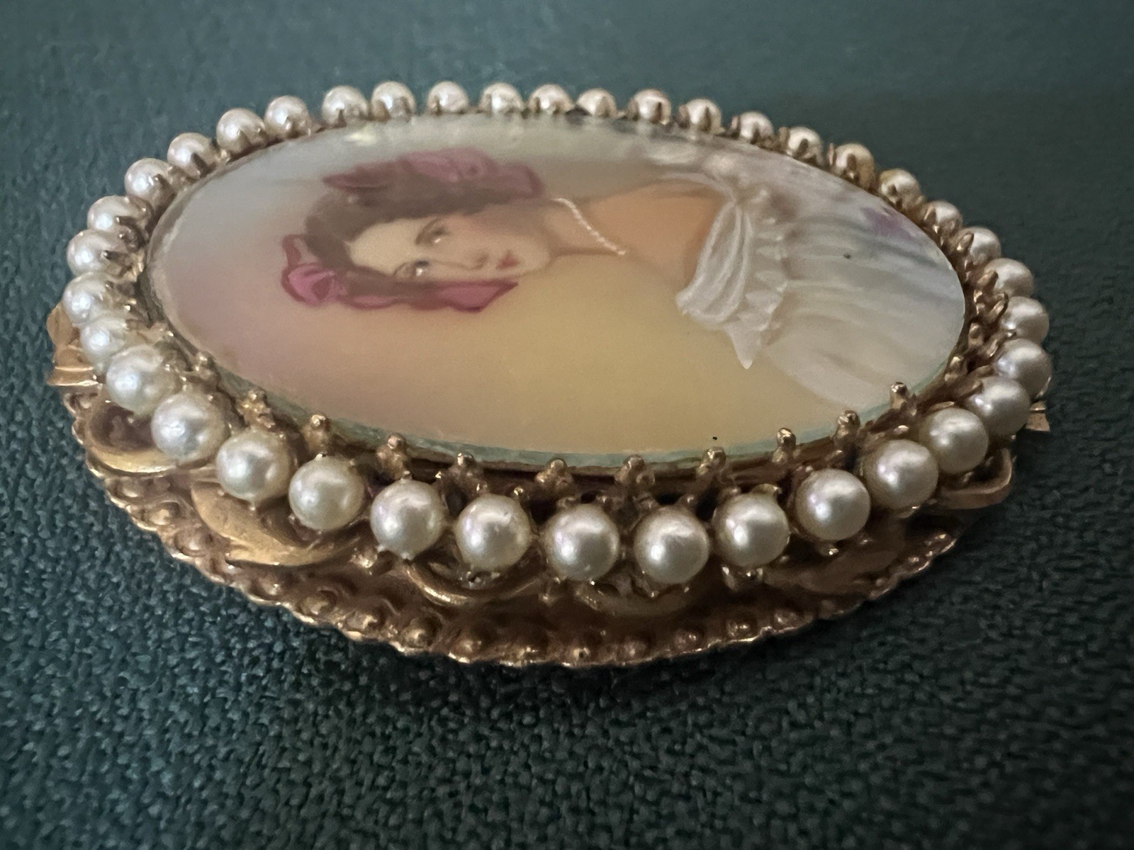 ORIGINAL BY ROBERT SIGNED HAND PAINTED PORTRAIT BROOCH FAUX PEARLS FRAMED SIGNED