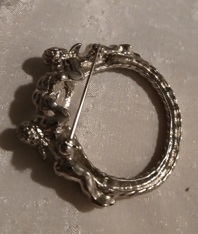 Vintage Kirks Folly Cherub Heart Brooch Silvertone Signed Estate Costume Jewelry