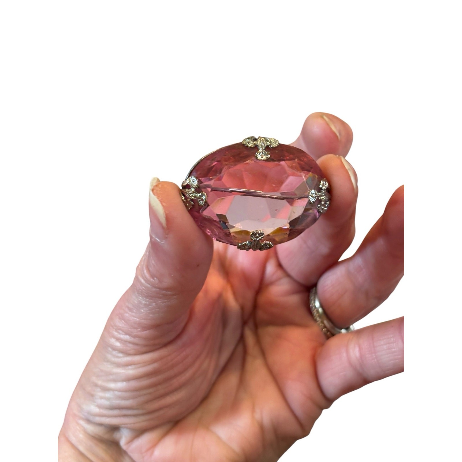 Vintage Pink Art Glass Brooch Faceted Crystal Cabochon Silver Tone Pin