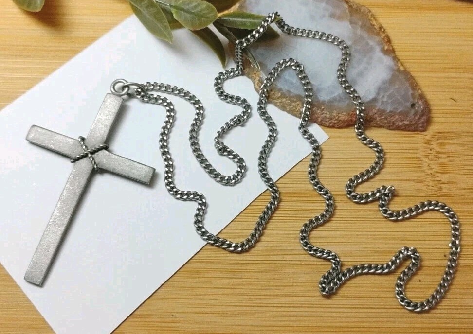 Vintage BDA Budlong Docherty Armstrong Signed Pewter Cross Pendant 25″ Necklace!