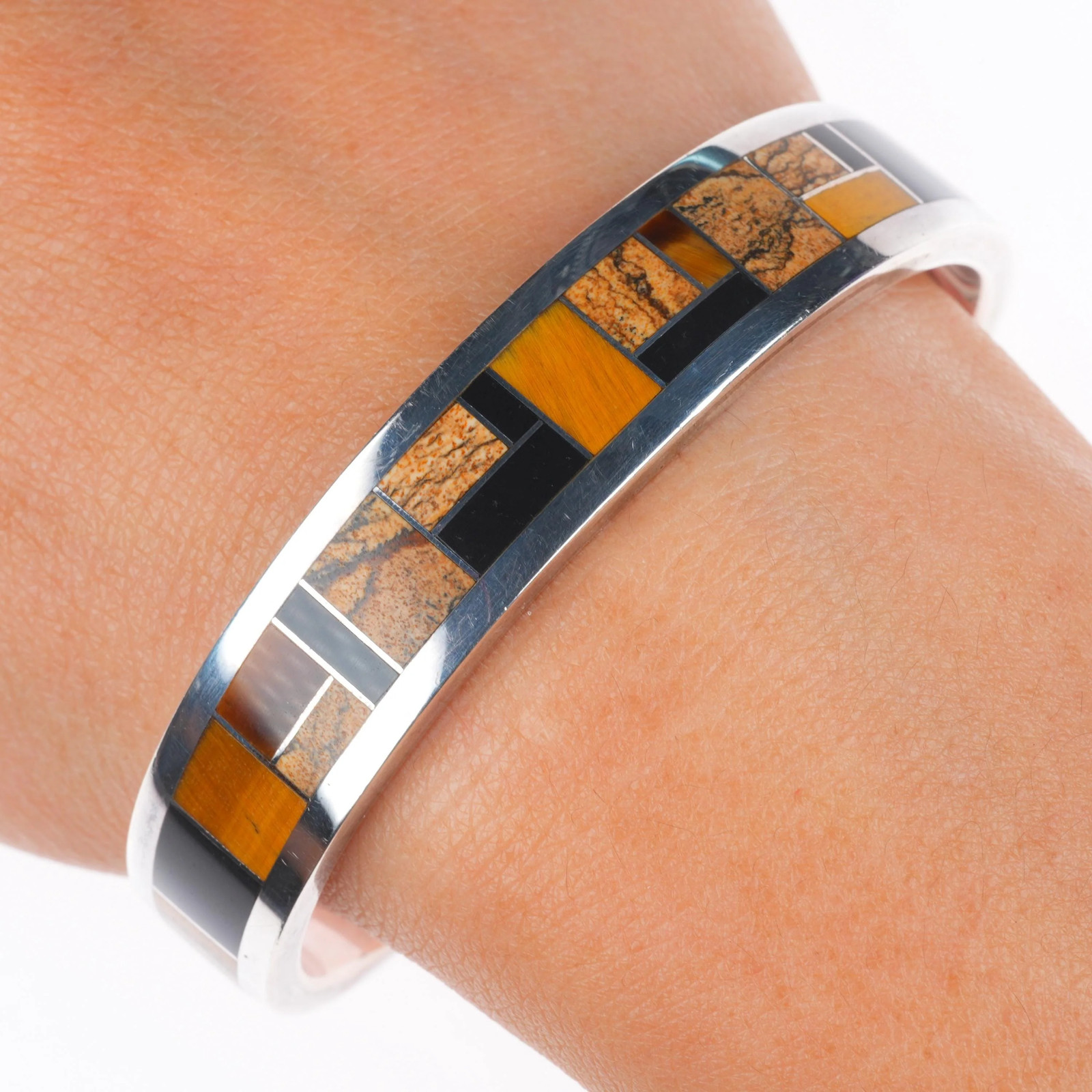 6.25″ Donald Douglas Navajo sterling silver black jade, tigers eye cuff bracelet