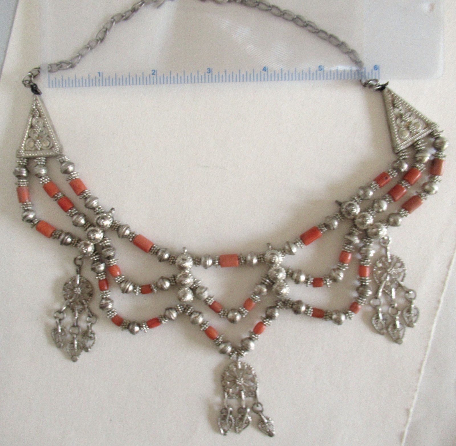 HUGE STATEMENT STERLING FESTOON NECKLACE w CORAL, 19 INCHES, 88 GRAMS, YEMENITE?