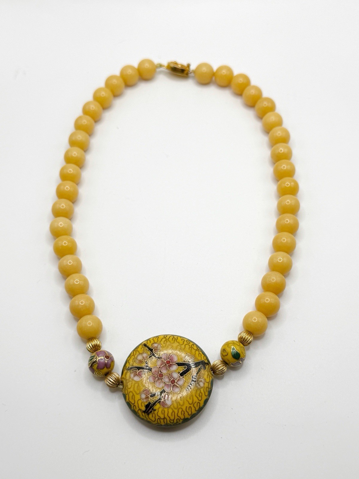 Yellow Jade Jadeite Beaded Necklace With Yellow Cloisonne Pendant 17”