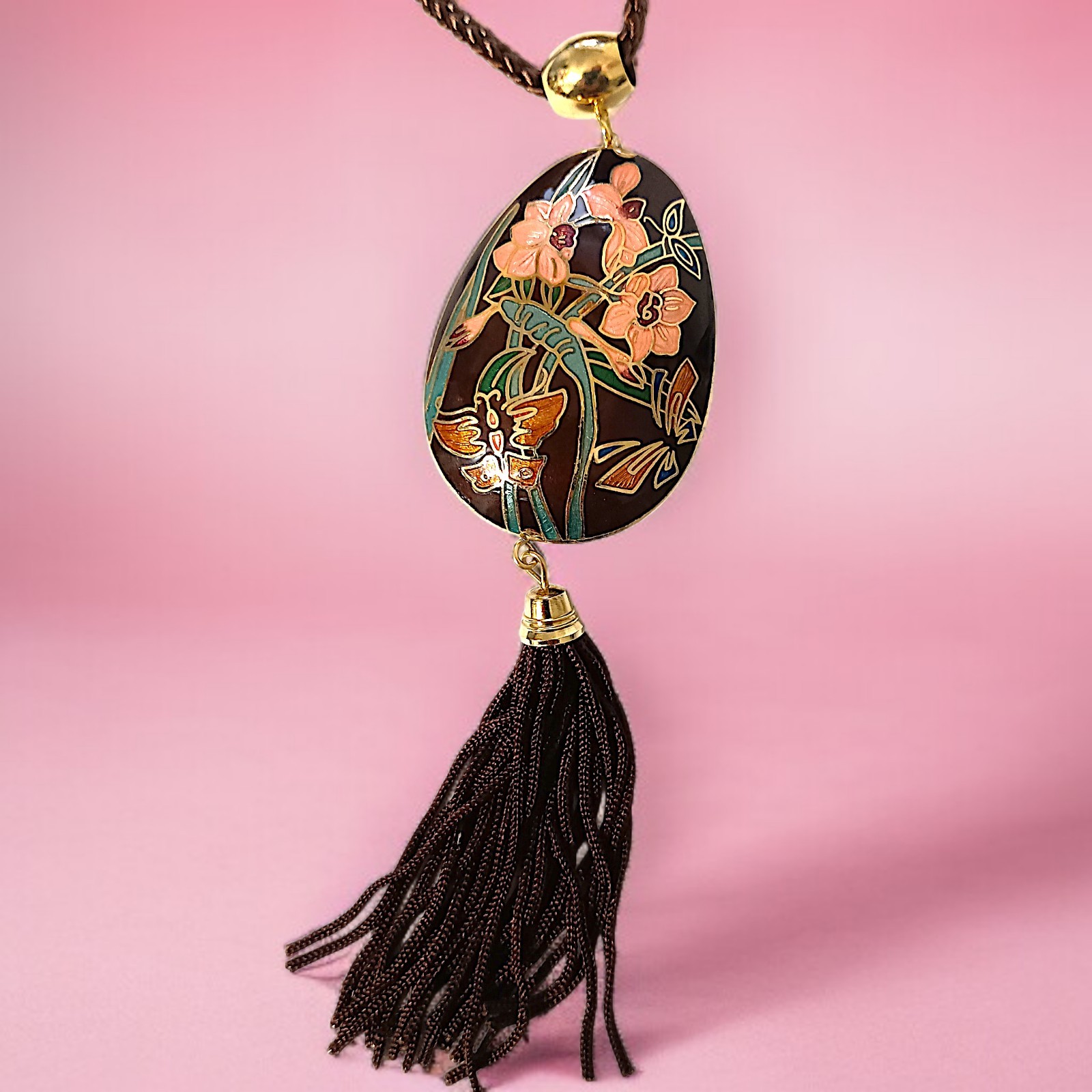Vtg Butterfly Cloisonne Necklace 70s Pendant Tassel Woven Cord Brown Dual Sided