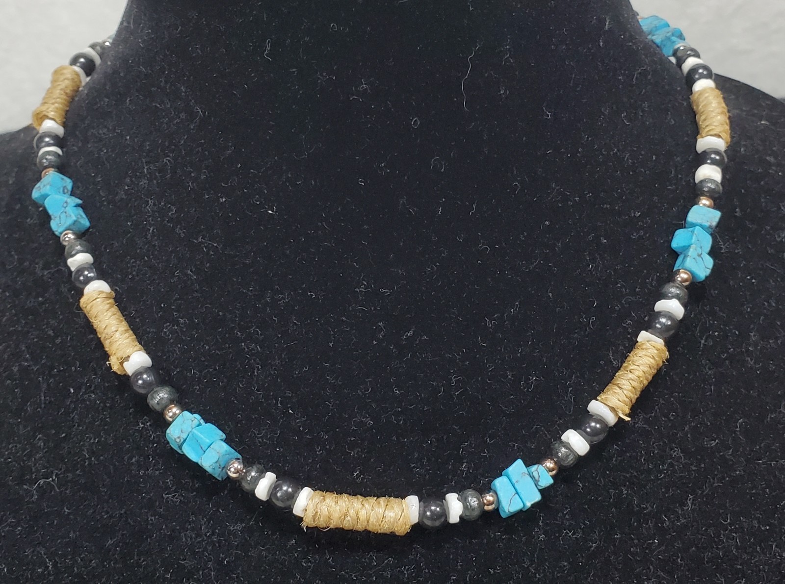 Vtg Panama Jack Southwest Hemp, Turquoise, Black & White Beads Necklace