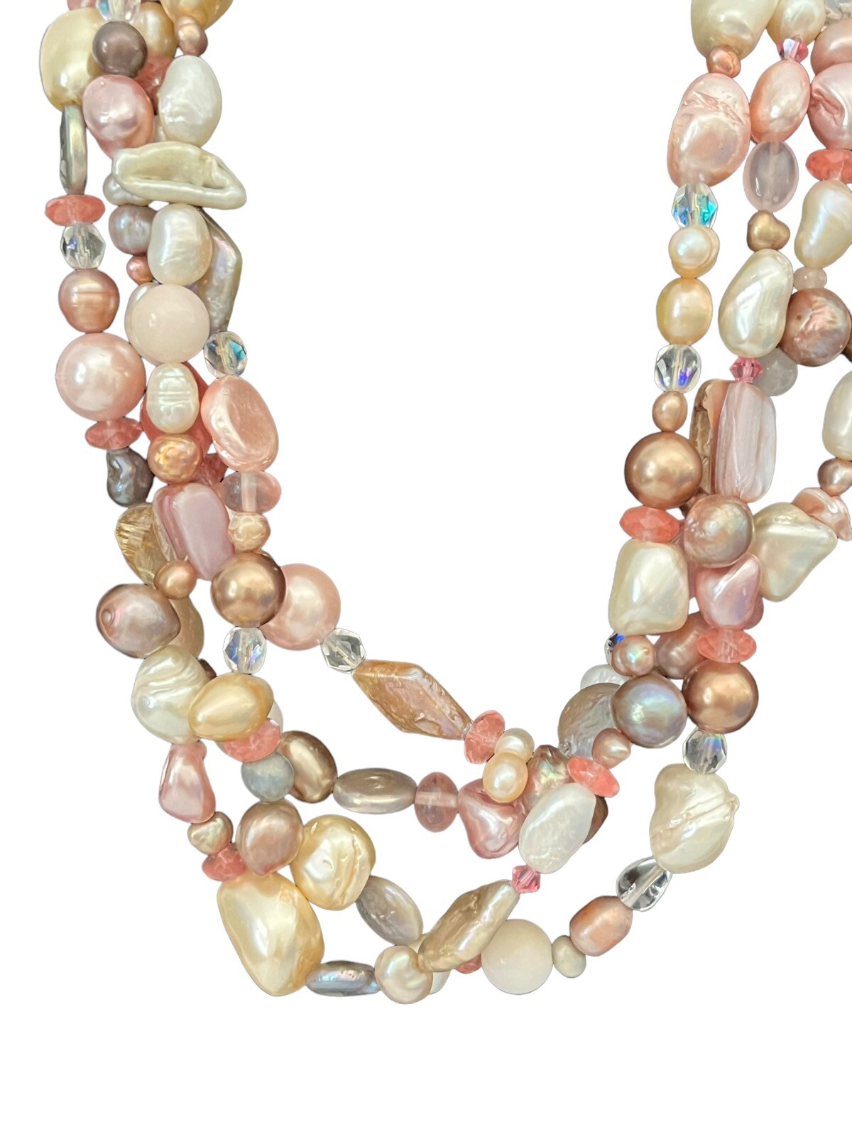 Vintage Faux Pearl Necklace 3 Strands Box Tab Clasp Made In India Pink Choker