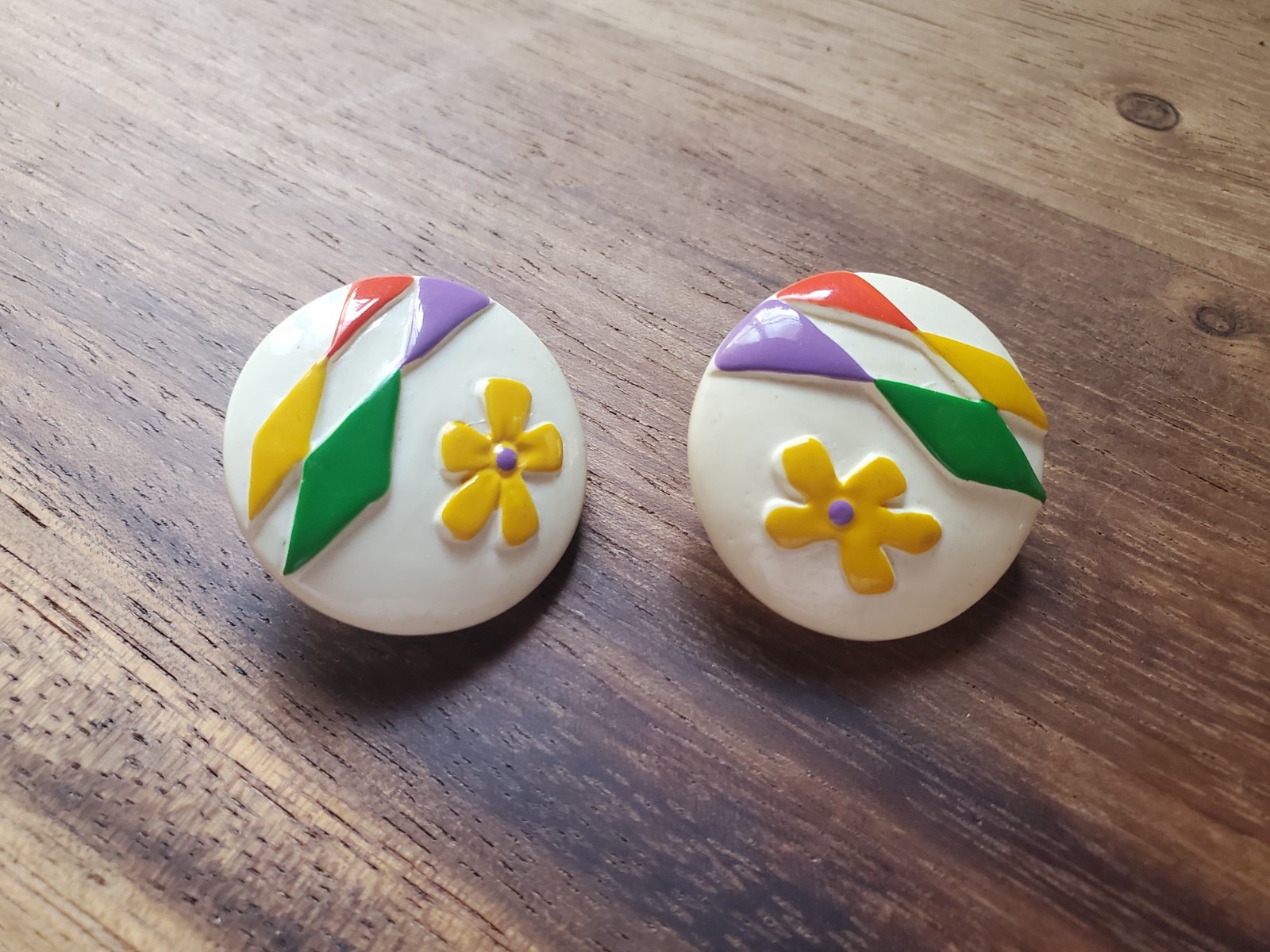 Vintage 80s Colorful Clip on Button Earrings Cream, Red, Green, Yellow, Purple