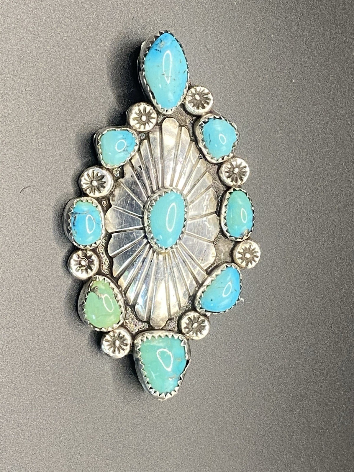 Early 1900’s Navajo Signed Silver Oval Turquoise Cluster Brooch Pin, 2.25 “