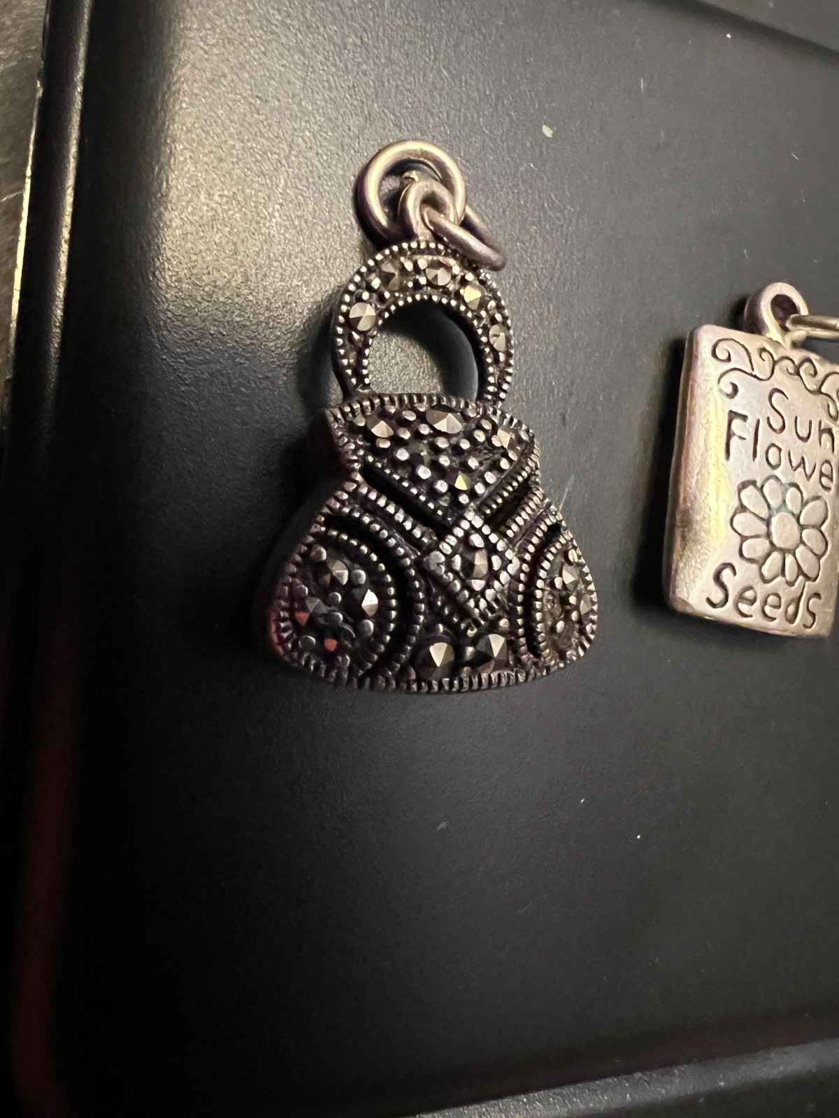 Sterling Silver Lot 2 Pendant Marcasite Purse and Seeds