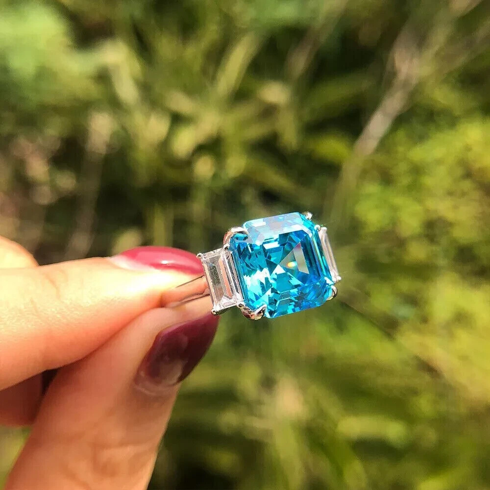 Asscher Lab-Created Blue Topaz Stunning Wedding Ring In 14K White Gold Plated