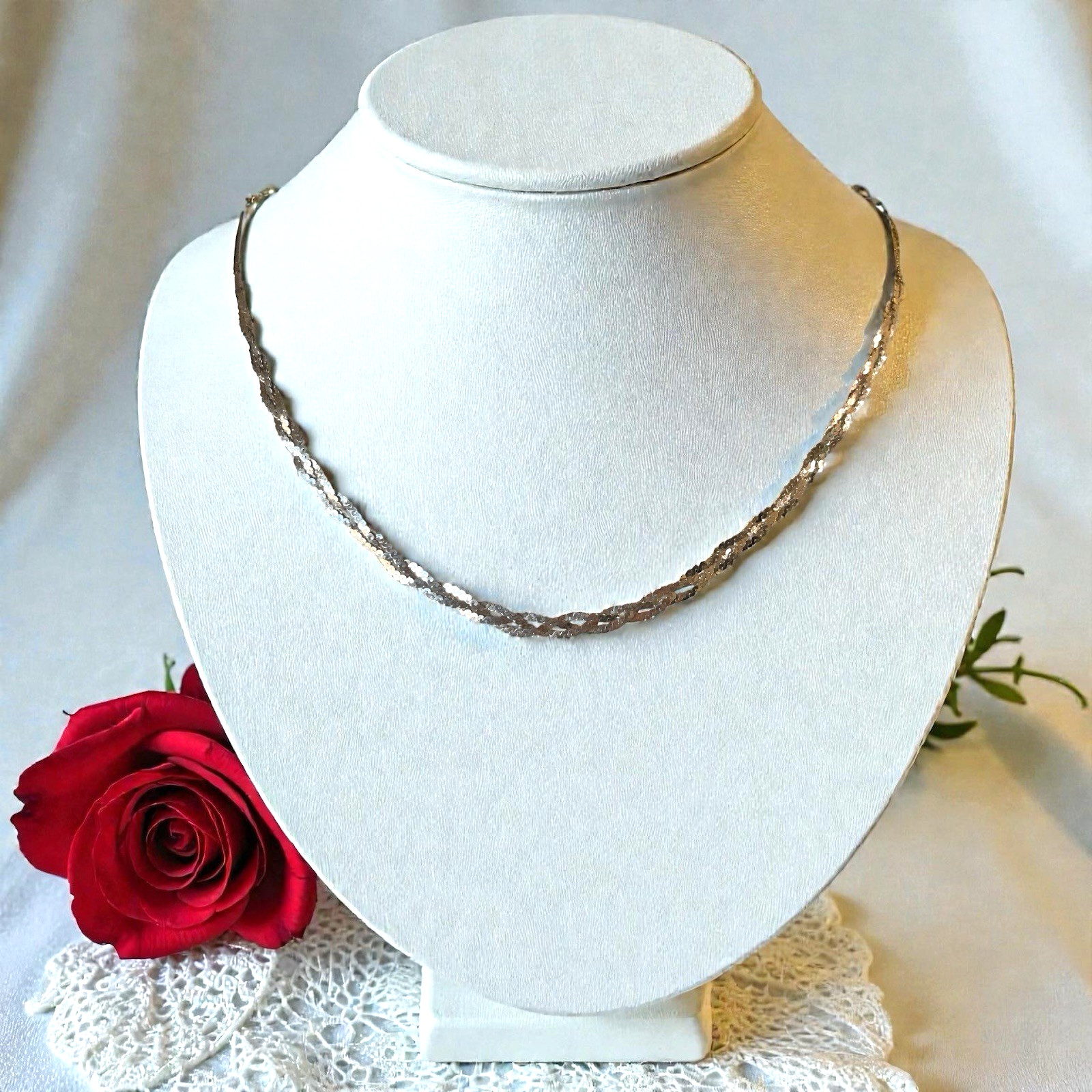 Vintage Italian 925 Sterling Silver Diamond-Flat Braided Chain Necklace, 16″