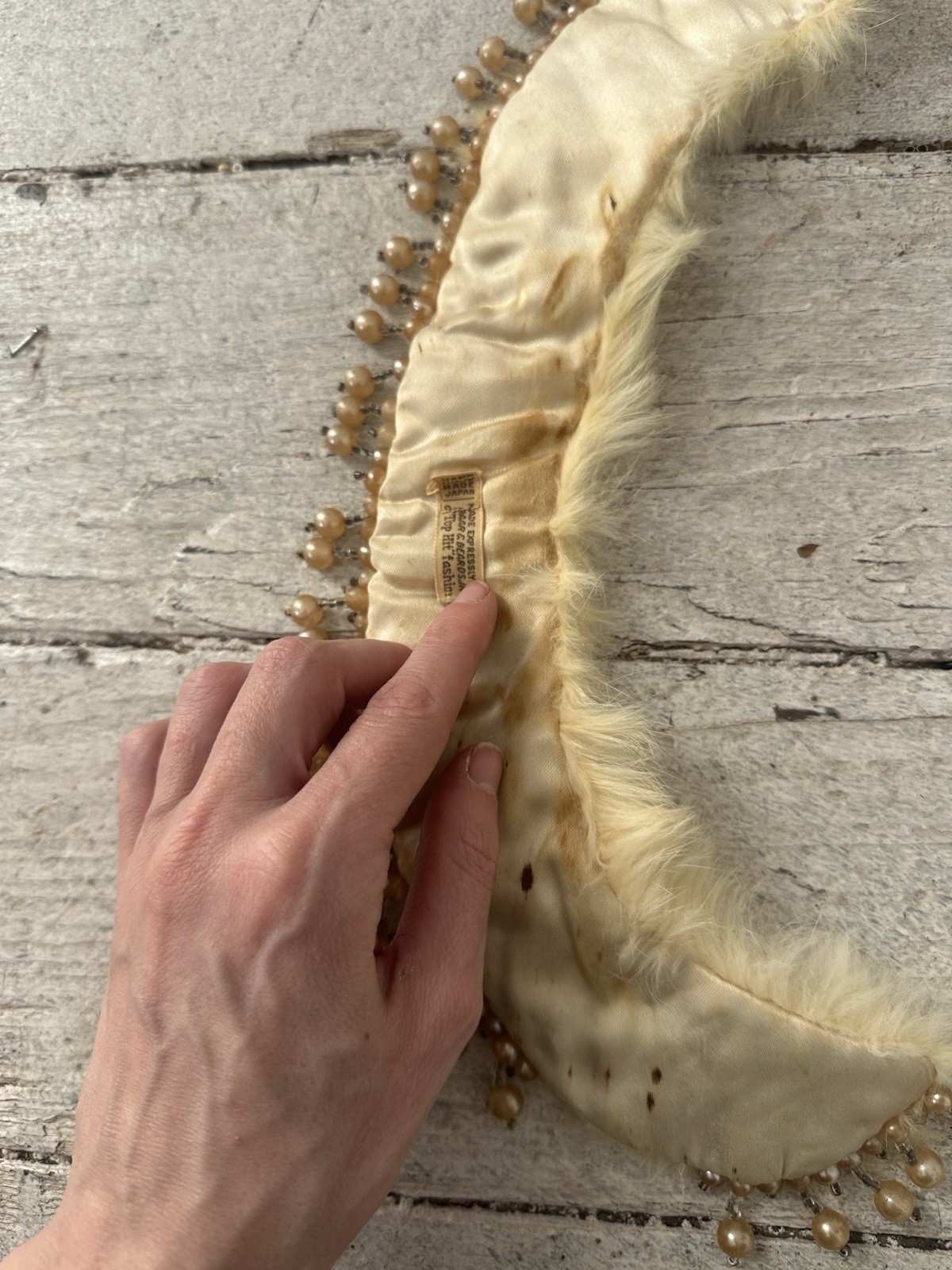 Vintage 40s Rabbit Fur Faux Pearl Beaded Necklace Collar