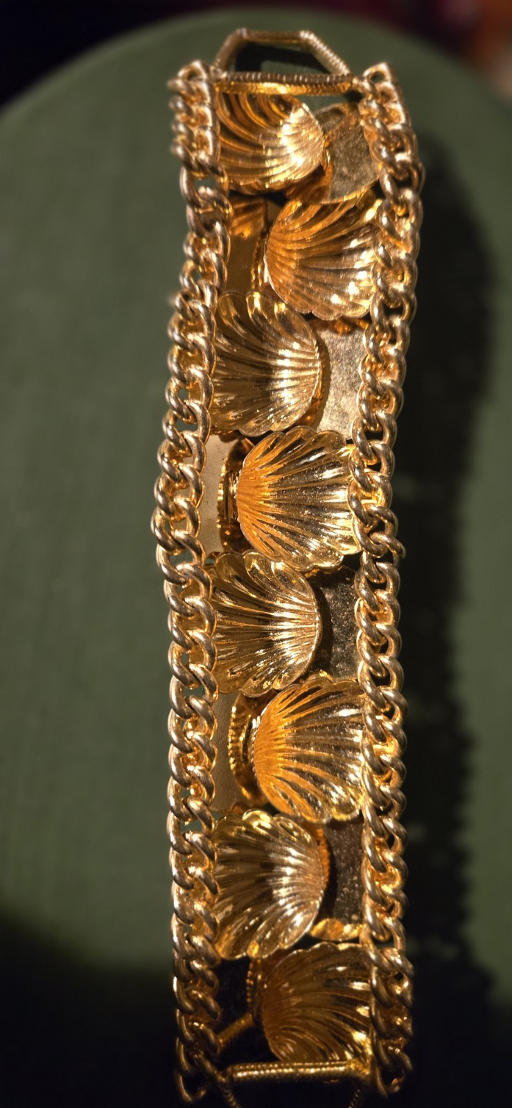 Vintage Gold Tone Metal Shells And Coins Details Bracelet 8″ Long 1.5″ Wide