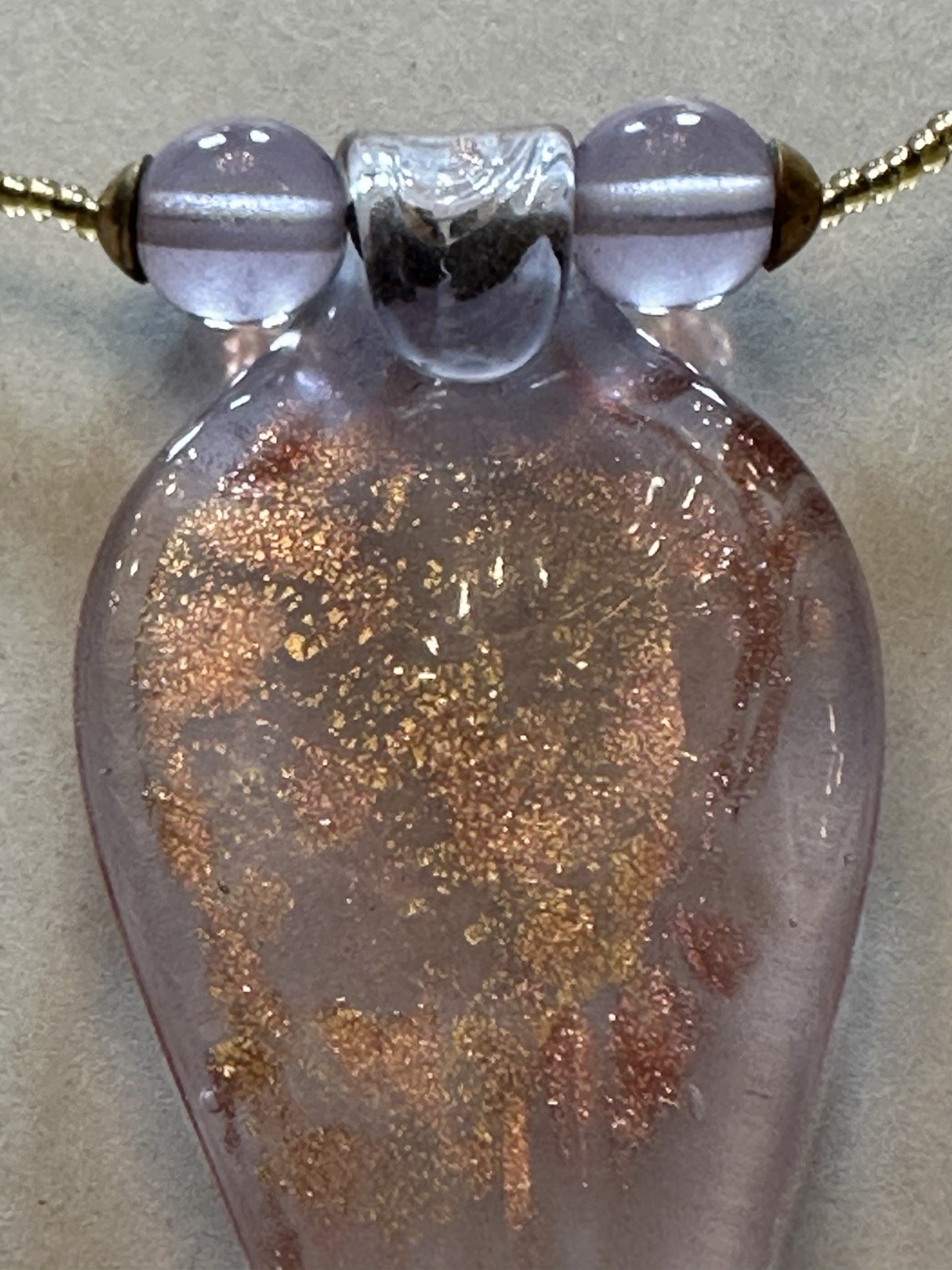 VTG Handmade Pale Lavender Pendant Necklace W/Gold-Toned Beaded Chain & Earrings