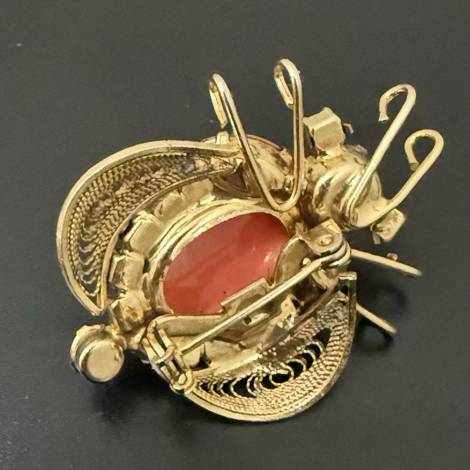 Rare Juliana Delizza & Elster Faux Coral Cabochon Rhinestones Beetle Bug Brooch