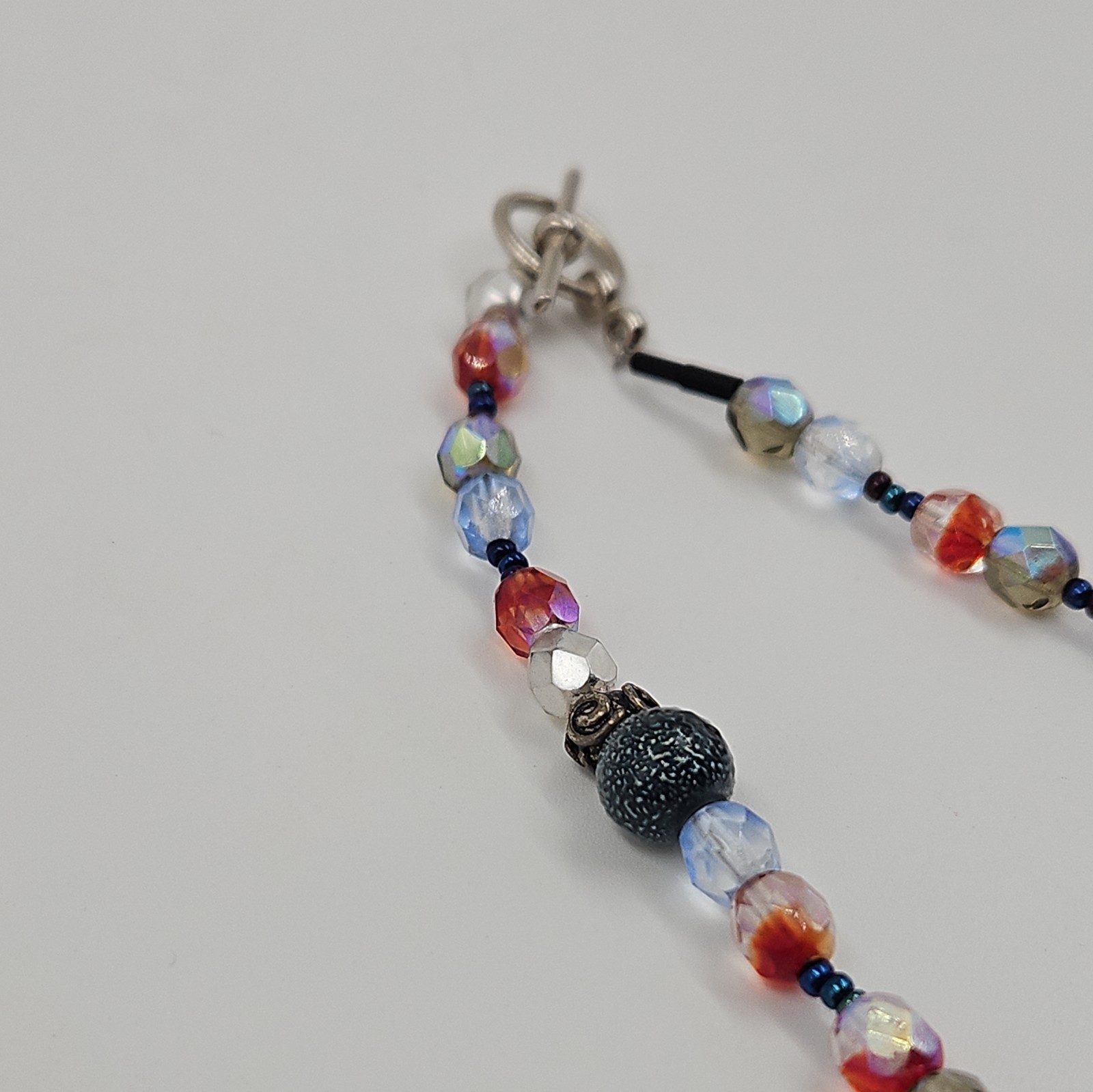 Vintage Artisanal Glass Bead Necklace Iridescent Crystal Boho Toggle Clasp