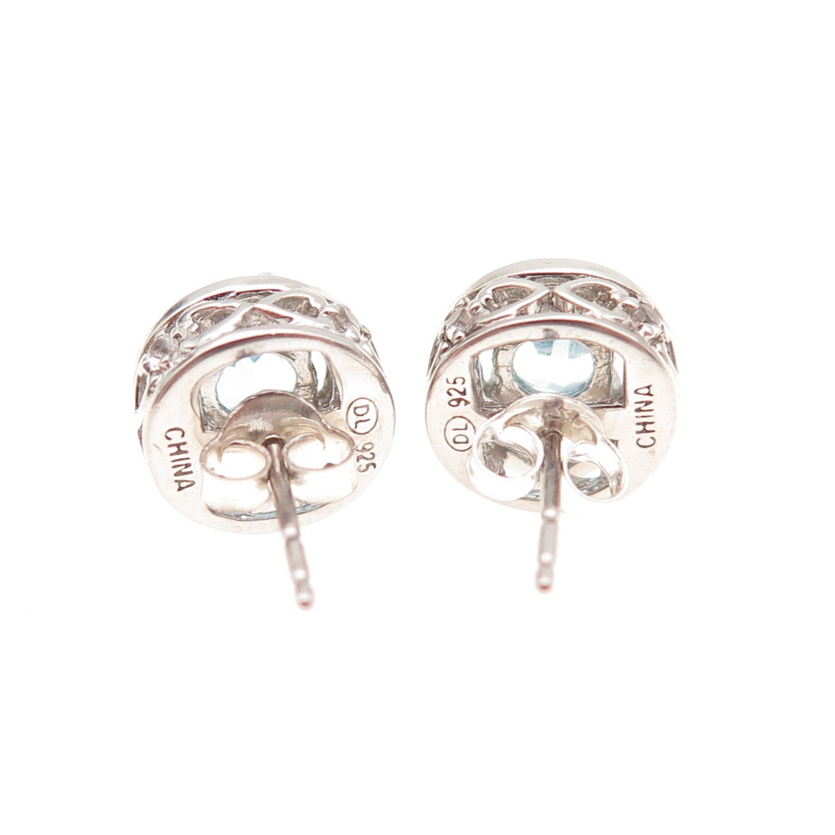 925 Sterling Silver Vintage Real Round-Cut Blue & White Topaz Stud Earrings