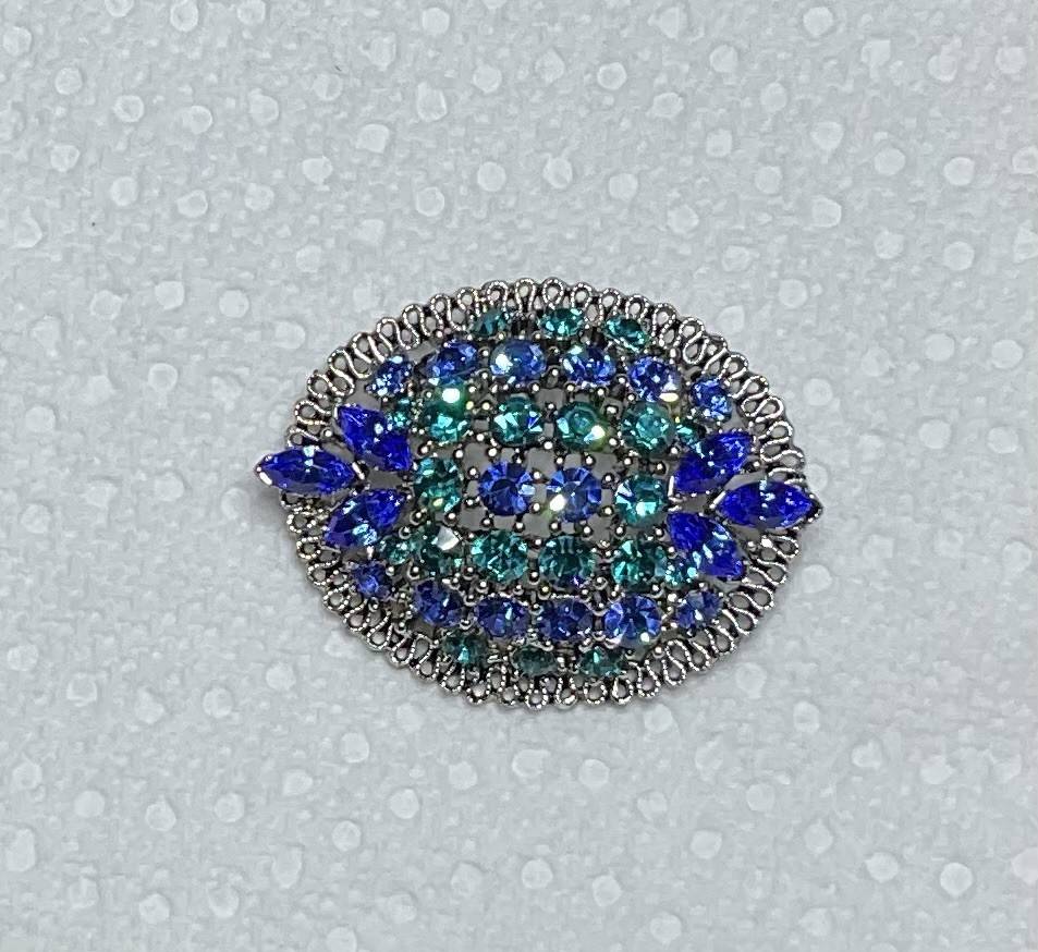 Vintage Silver Tone Brooch With Blue And Green Rhinestones