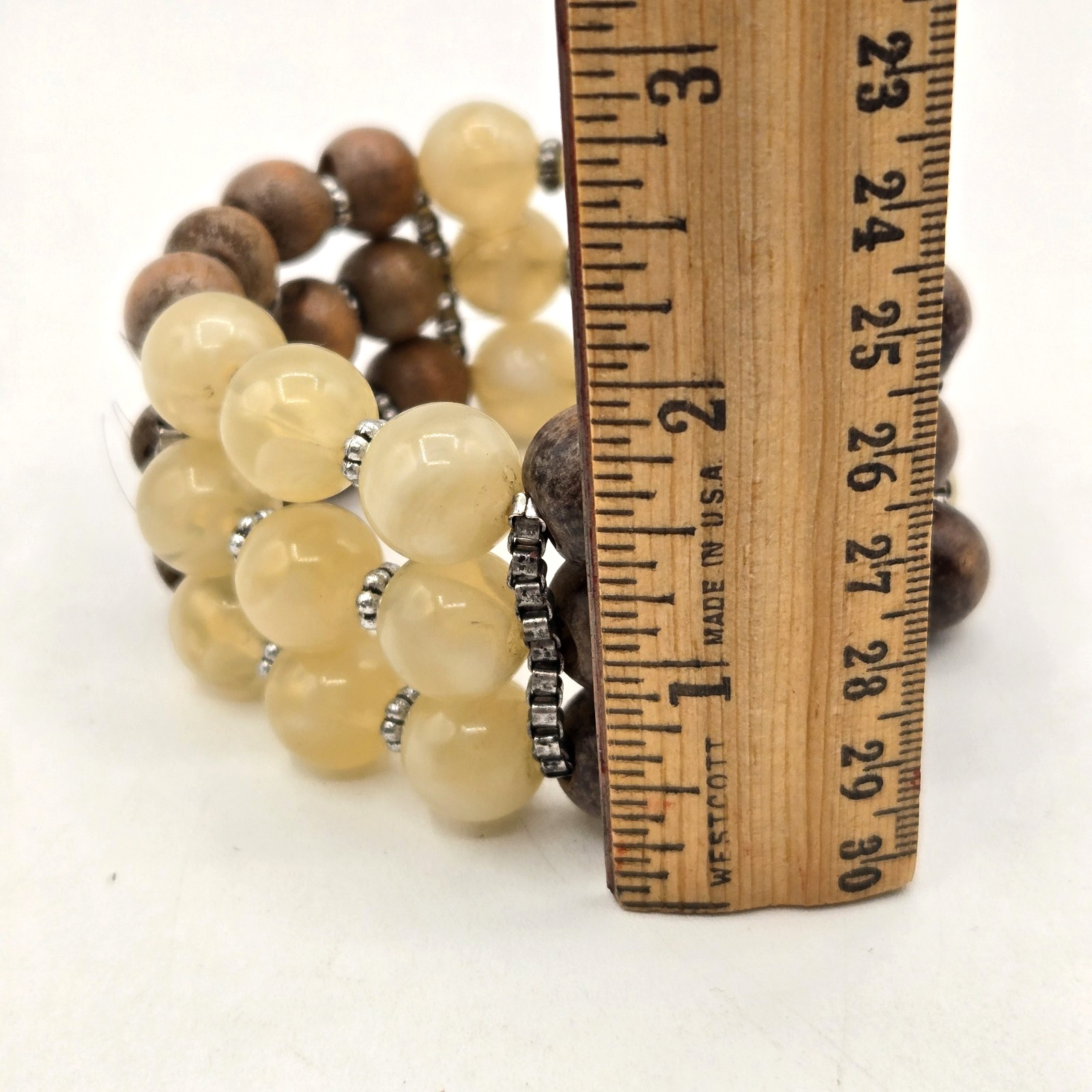 VTG Three Strand Wood and Lucite Beaded Stretch Bracelet Silver Accents
